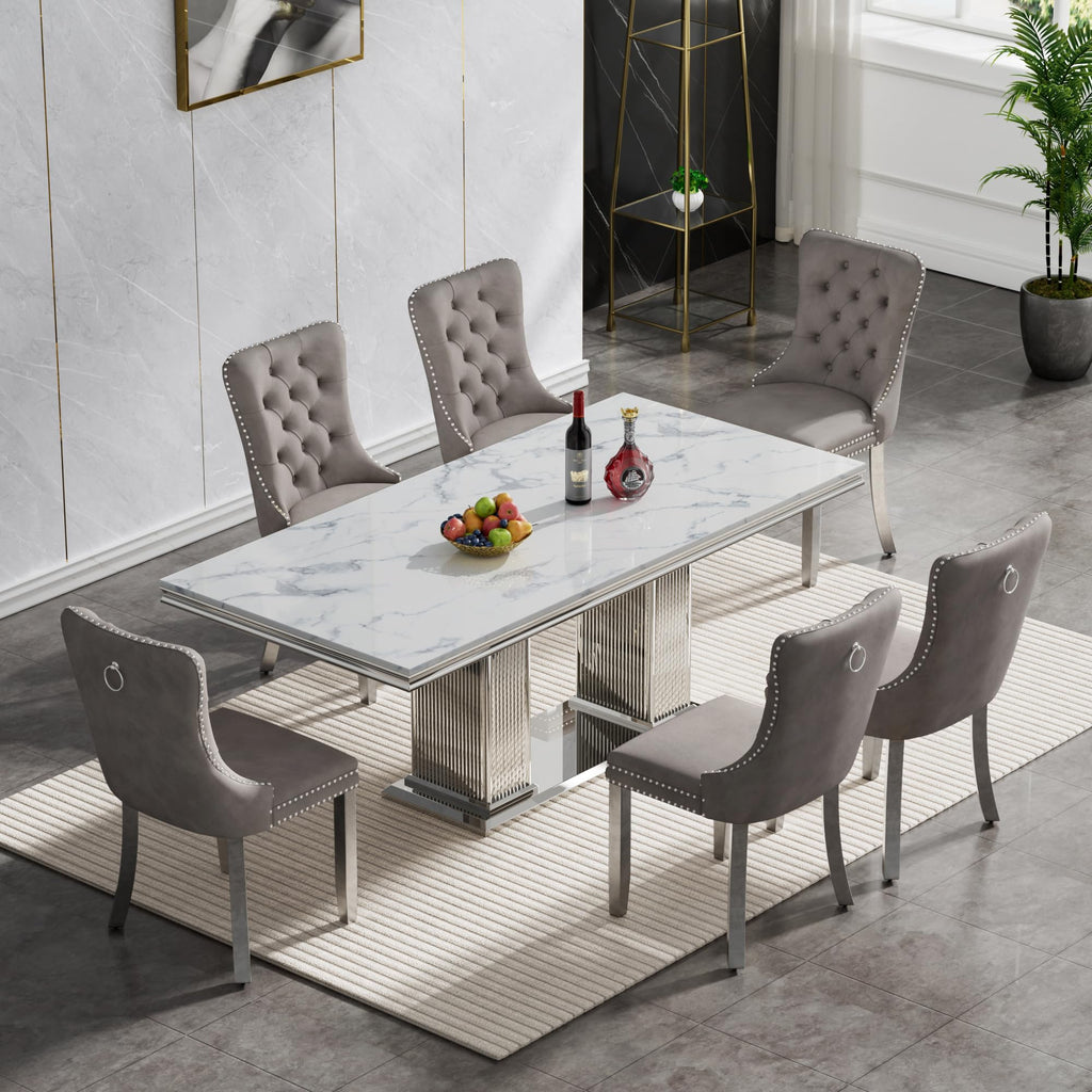 68'' Modern Faux Marble Dining Table for 4, Dual Pillar Silver Stainless Steel Pedestal, White Kitchen Table for 6