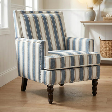 Blue Striped Accent Chair Bedroom - Comfy Cotton Linen Reading Chair, Coastal Nautical Armchair with Solid Wood Legs