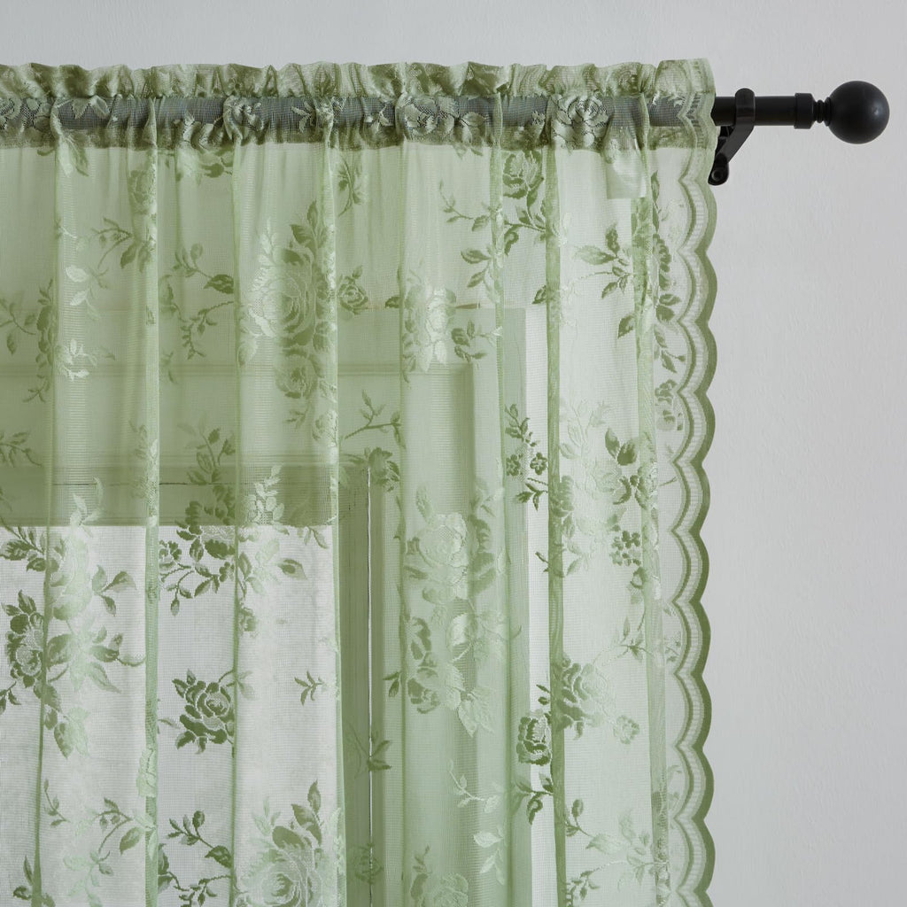 Sage Green Lace Curtains 108 Inches Long Spring Country Floral Sheer Curtains Rod Pocket Light Filtering Vintage