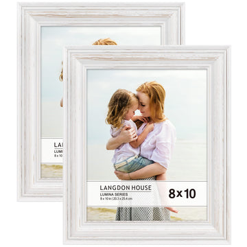 8x10 Real Wood Picture Frames (Weathered White - Gold Accents, 2 Pack), French Country Style Wooden Photo Frame 8 x