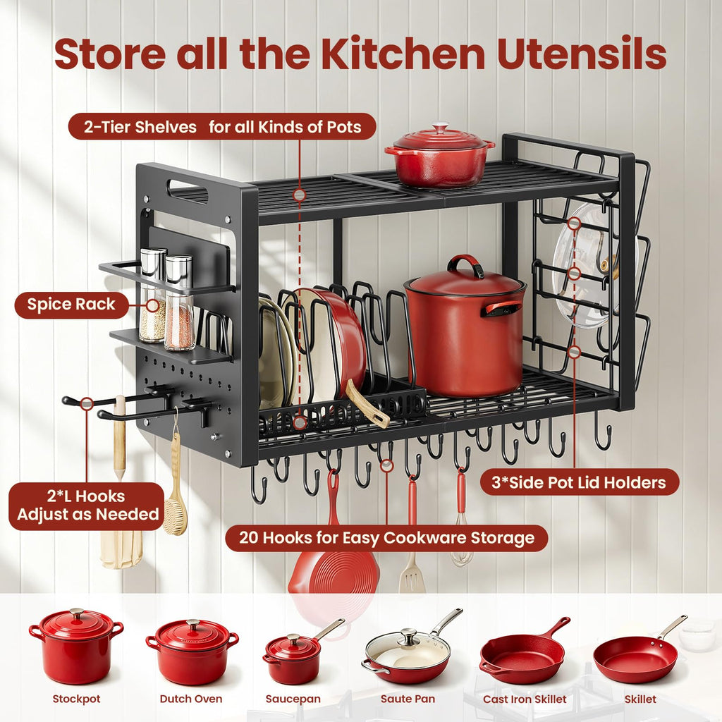 32 Inch Pot Rack Wall Mount,4 in 1 Hanging Heavy Duty Metal Pan Shelf Organizer with 20 Hooks 3 Pot Lid Holder and 8
