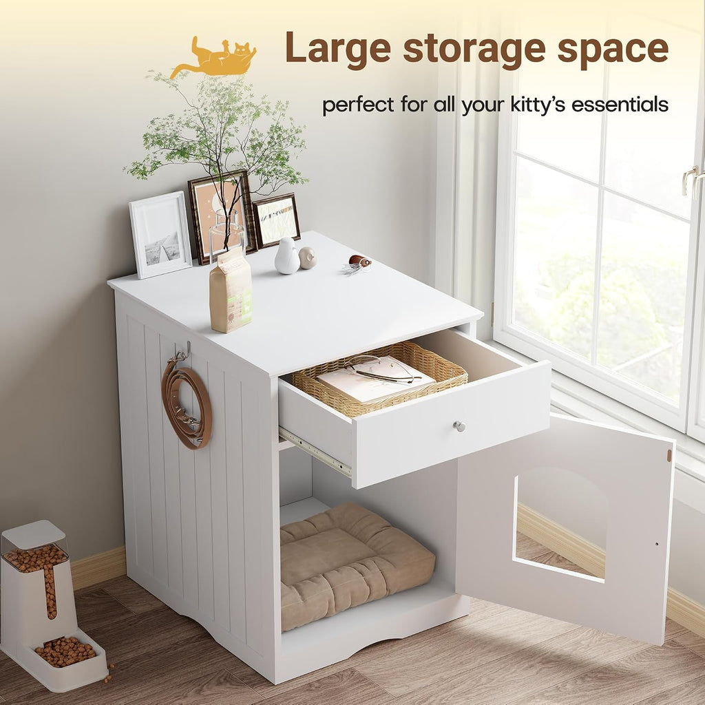 Litter Box Enclosure, Hidden Cat Litter Box Cabinet with Drawer, Wooden Pet Crate, Litter Box Furniture as Cat House