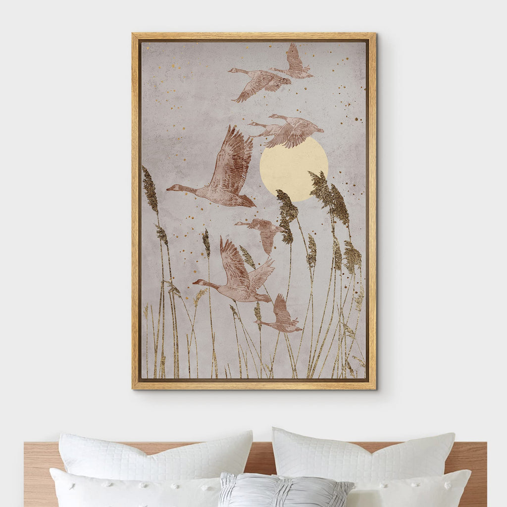 Framed Canvas Print Wall Art Crane Bird Wheat Field Sunlight Nature Wilderness Illustrations Modern Art Decorative