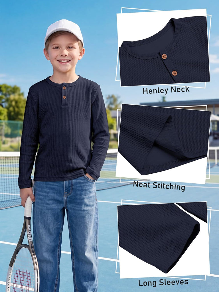 4 Pack Boys Long Sleeve Shirts Henley Neck Basic Waffle Knit Tops Tee for Kids Boys Thermal Shirt