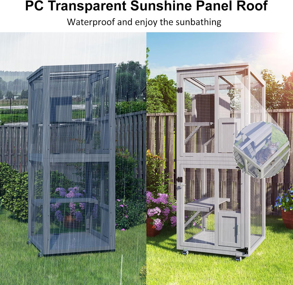 4 Tier Catio Outdoor Cat Enclosure, Indoor Cat House with 4 Wheels