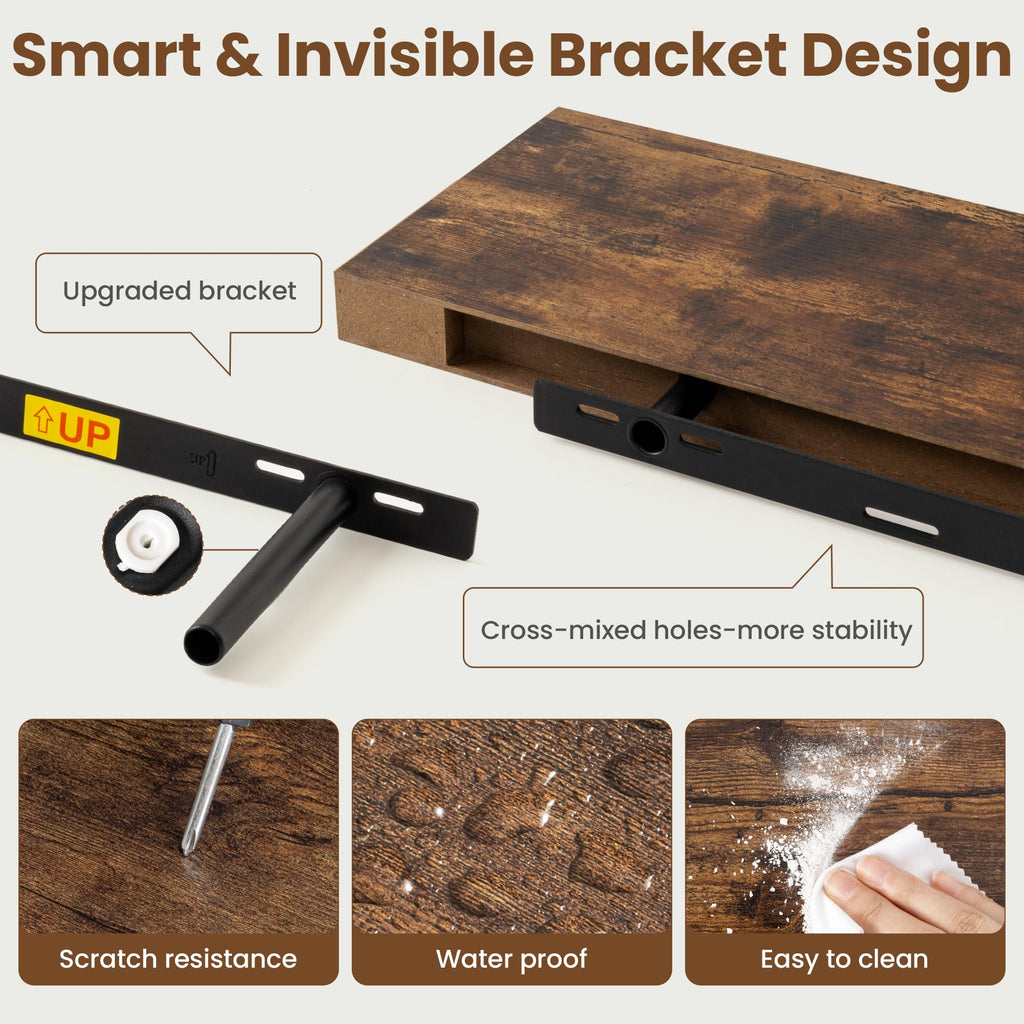 8Inch Square Floating shelves for Wall, 8In Deep, Invisible Brackets, Brown