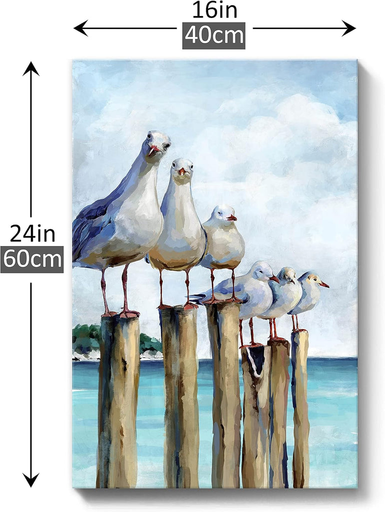 Coastal Seagull Canvas Wall Art , Teal Ocean Beach Sea Birds Canvas Print, Nautical Decor Bedroom Living Room, Ready
