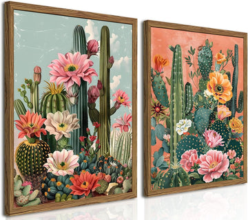 Framed Mexican Cactus Canvas Wall Art Set of 2, Vintage Desert Floral Wall Decor Paintings, Southwestern Boho