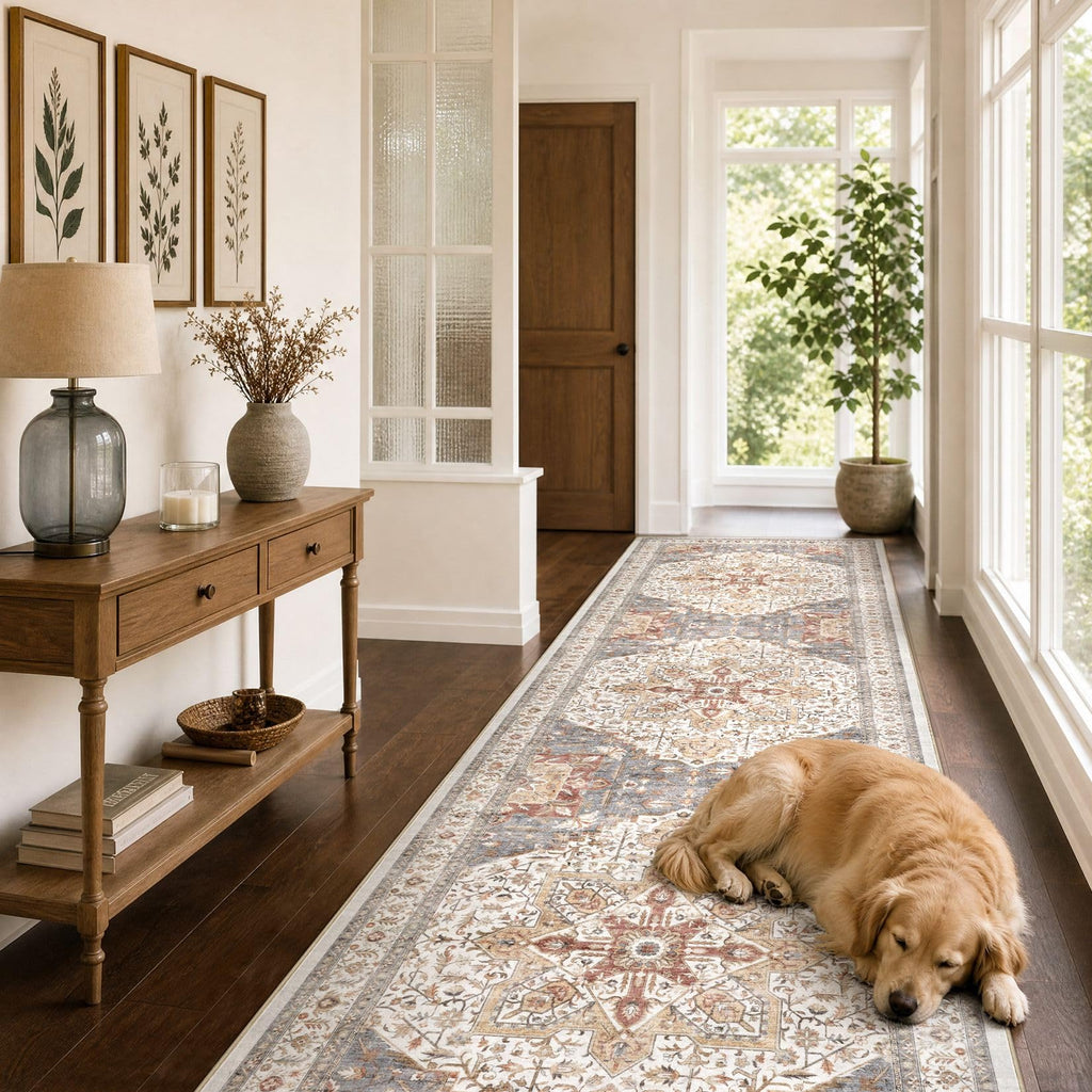 Area Rug 3x10 Runner Rugs - Washable Vintage Oriental Farmhouse Thin Indoor Carpet Bedroom Hallway Entryway Kitchen