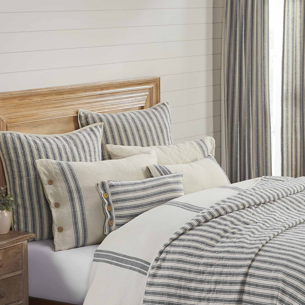 Market Place Gray Quilted King Pillow Sham, 21" L x 37" W, Cream w/Grain Sack Stripe & Button Details ...