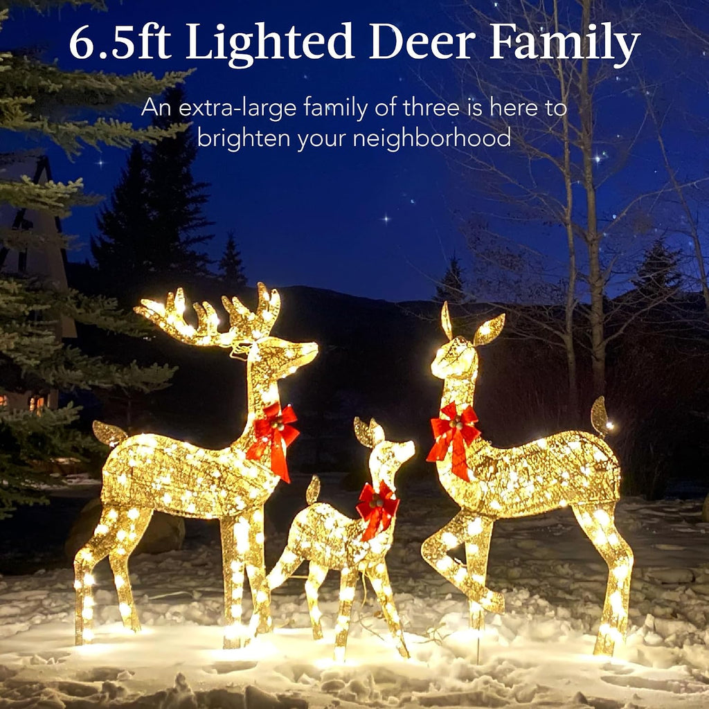6.5ft 3-Piece Large Lighted Christmas Deer Family Set, Outdoor Yard Decoration with 385 LED Lights, Stakes, Zip Ties