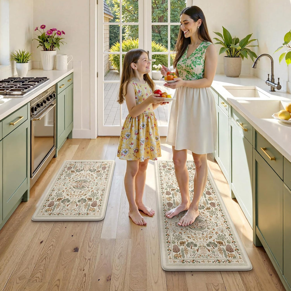 Anti Fatigue Kitchen Mats 17"x47"+17"x29", Vibrant Floral Kitchen Rugs Sets of 2, Cushioned Non Skid Kitchen Mats for