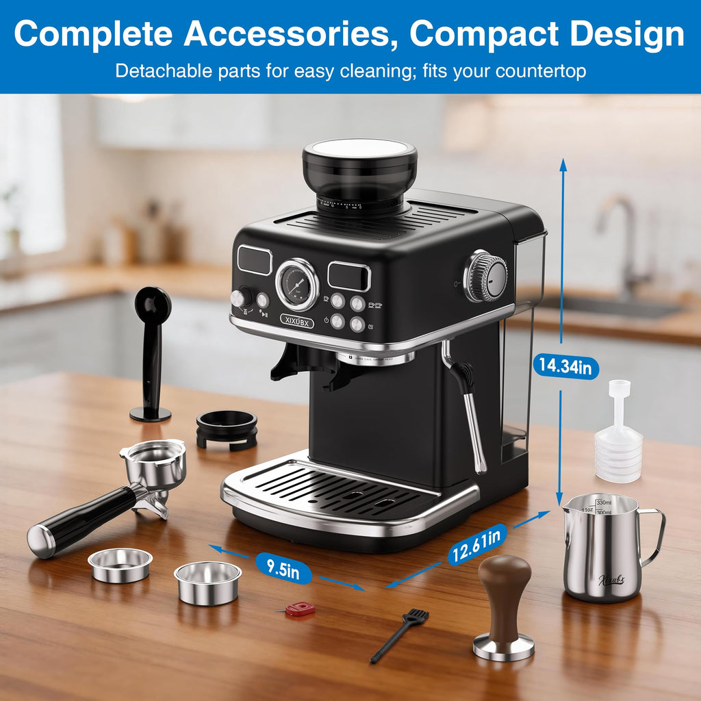 Espresso Machine with Grinder, PID & Programmable Settings, Black