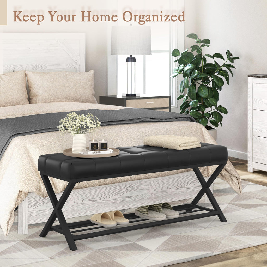44.5" End of Bed Bench with Shelf, Faux Leather Tufted Upholstered Storage Shoe Bench, Modern Bedroom Bench with