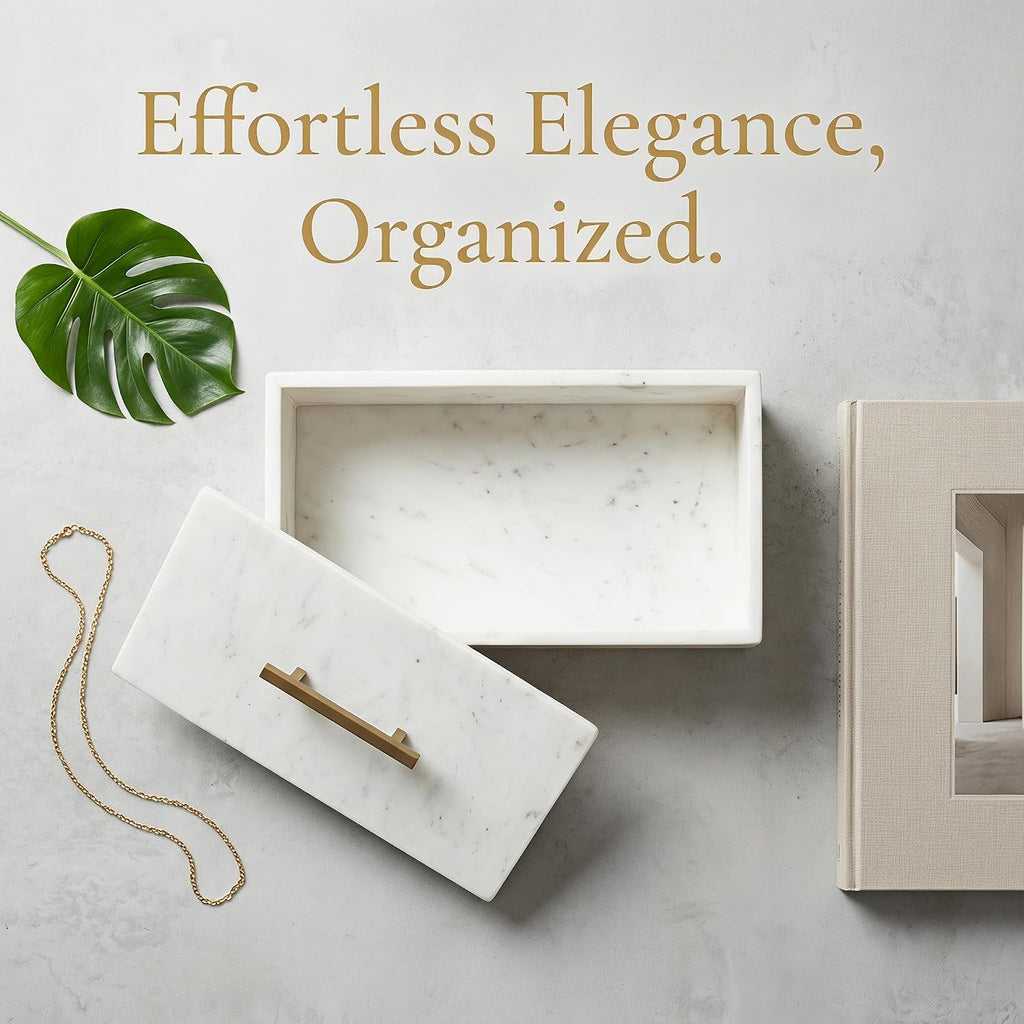 Modern White Marble Storage Box with Brass Handle, Stylish Accent Piece, Removable Lid, Ideal Organization, 11.7' X 7'