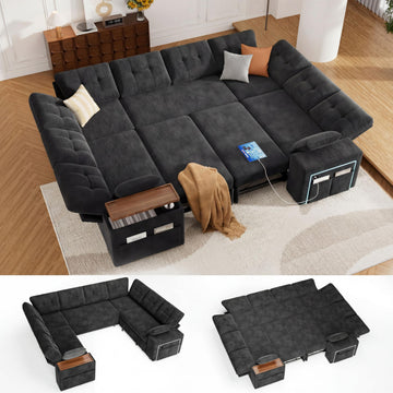 8 Seat Modular Sectional Sleeper Sofa with Pull Out Bed, U-Shaped Couch with Reclining Backrest, Lift Top Storage