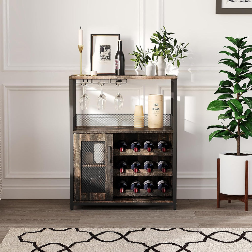 Wine Bar Cabinet with Detachable Wine Rack and Storage Space | 3-Tier Buffet Cabinet with Glass Holder and Mesh Door