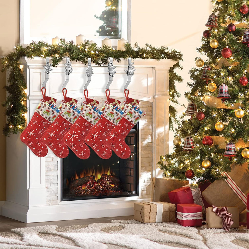 Holders for Mantle, Set of 5 Christmas Stocking Holders for Fireplace, Stocking Hangers for Mantel, Snowflake