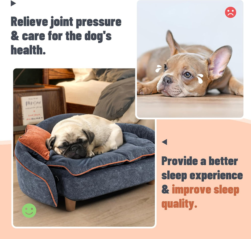 Elevated Small Dog Couch Bed with Bolster Sides, Raised Small Dog Sofa Bed with Headrest Pillow, Velvet Washable