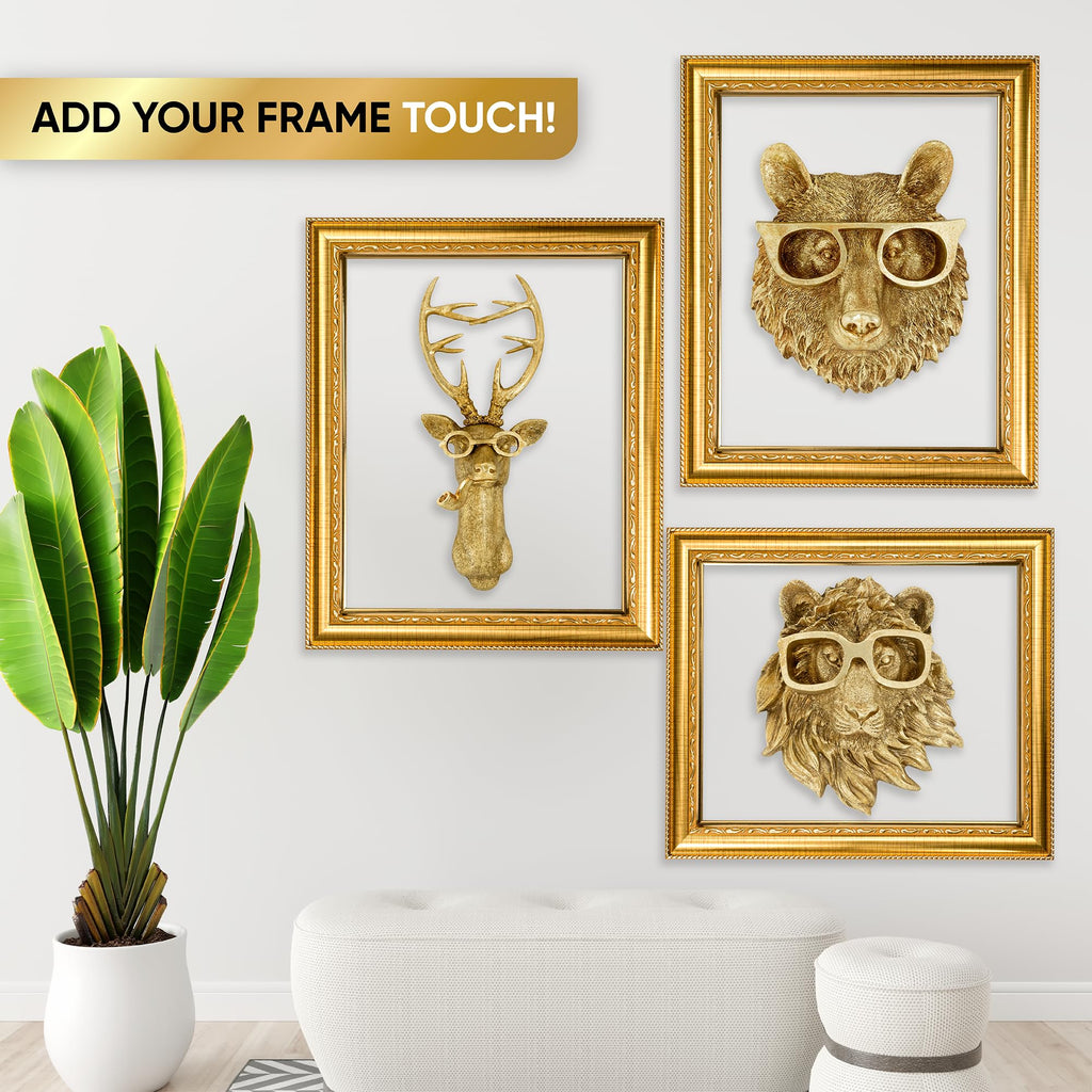 Gold 3pcs Animal Heads Wall Decor - Victorian-Style Lion Head, Bear Head, and Deer Head Wall Mount Decor, Adorned
