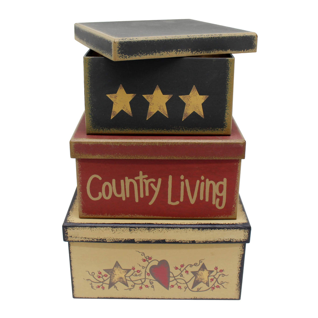 Farmhouse Square "Country Living" Cardboard Nesting Boxes for Photos Memories Keepsakes, Large 9 X 9 X 4-1/2 Inch.