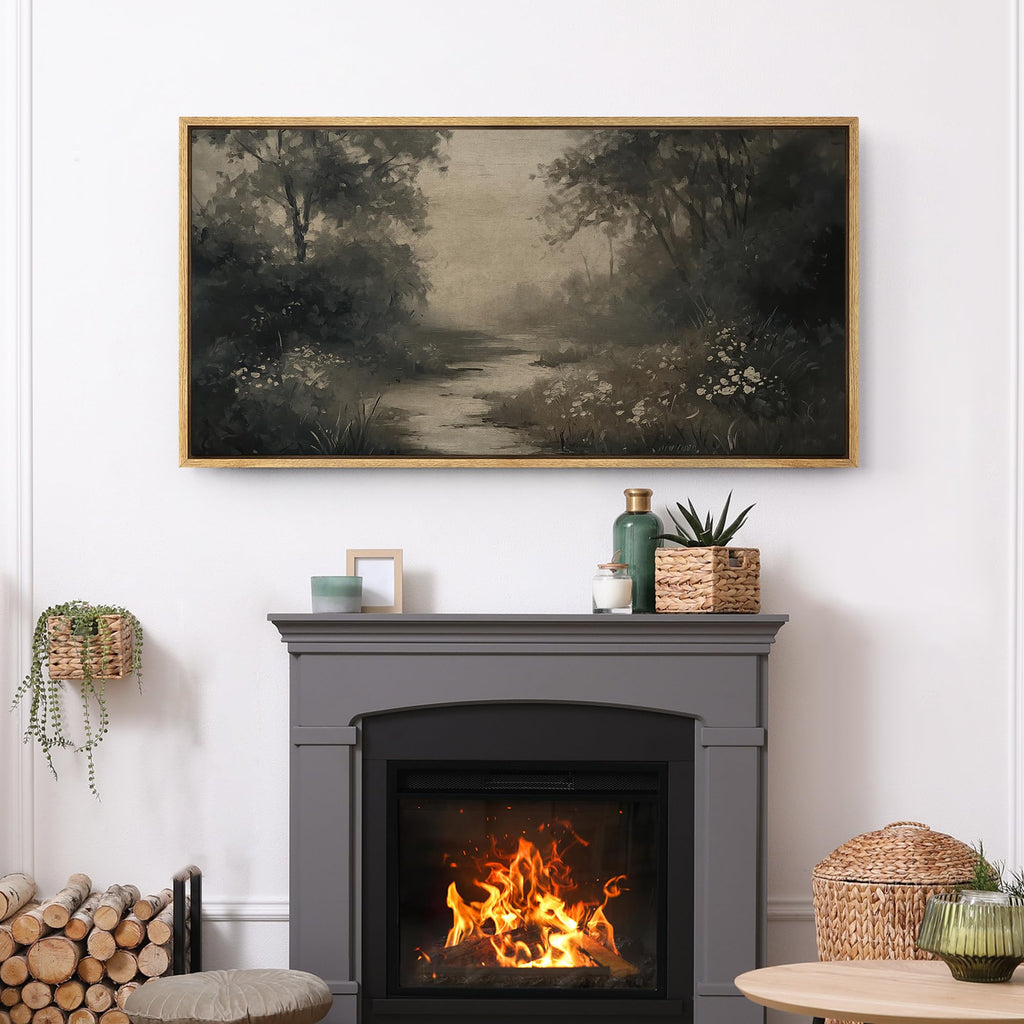 Extra Large Framed Canvas Print Wall Art Dark Forest Path Moody Nature Landscape Illustrations Modern Art Calm Warm
