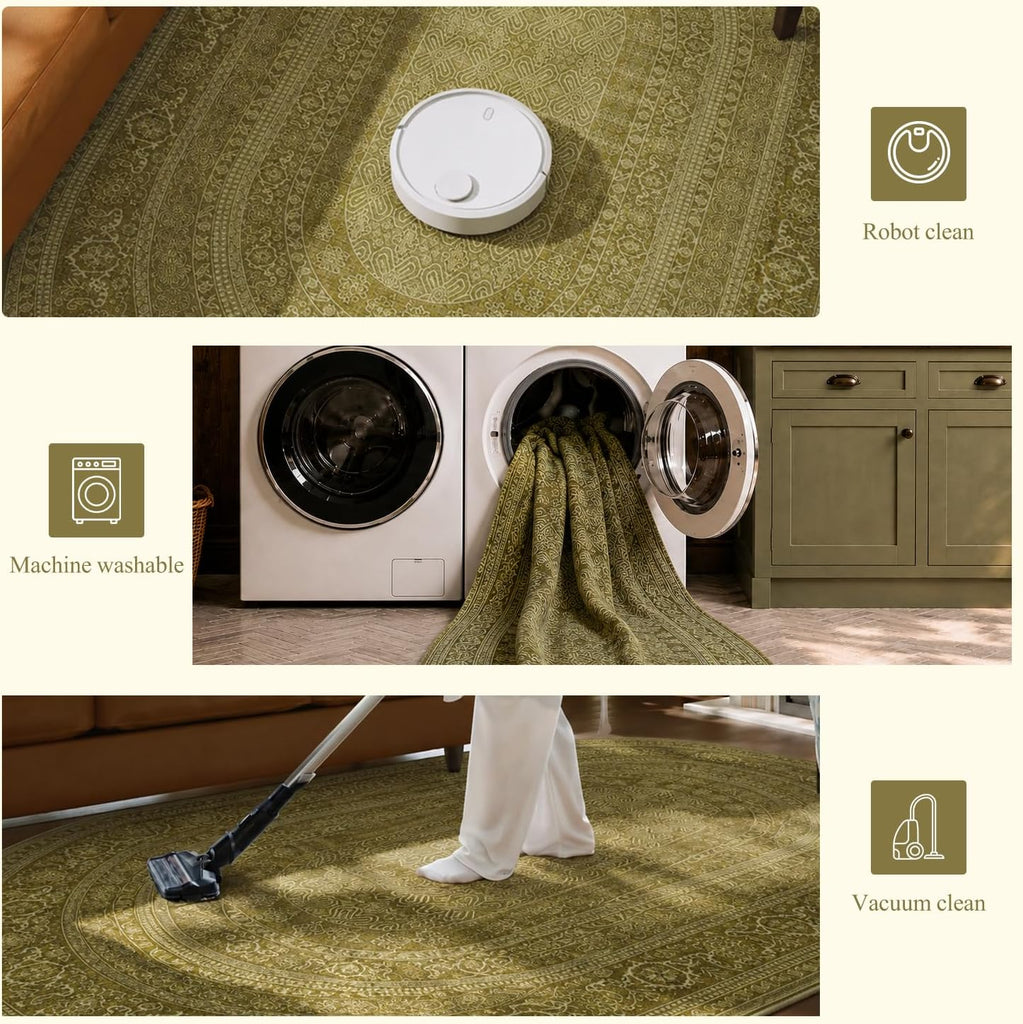 Oval Rug - Washable Ultra-Thin Carpet Dark Olive Green