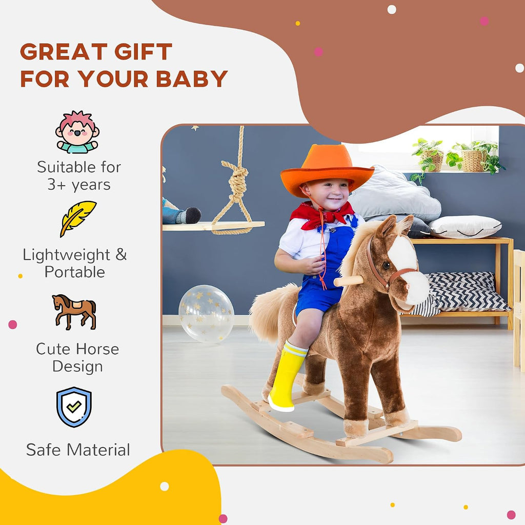 Kids Rocking Horse Wooden Base Ride-On Toy Handle Grip 36M+ Brown