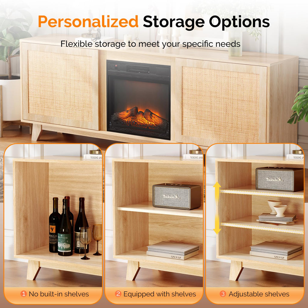 Electric Fireplace TV Stand with Rattan Doors, Fireplace TV Stand for up to 70 inch TVs, Adjustable Shelves & Heater