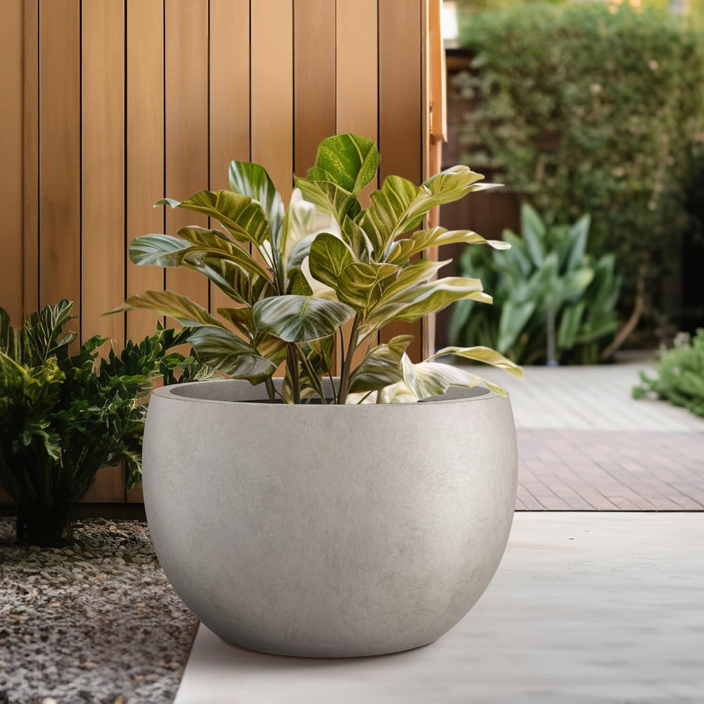 Large Round Bowl Weathered Concrete Planter 20" Dia, Outdoor | Rubber Plug for Indoor, Drainage for Garden