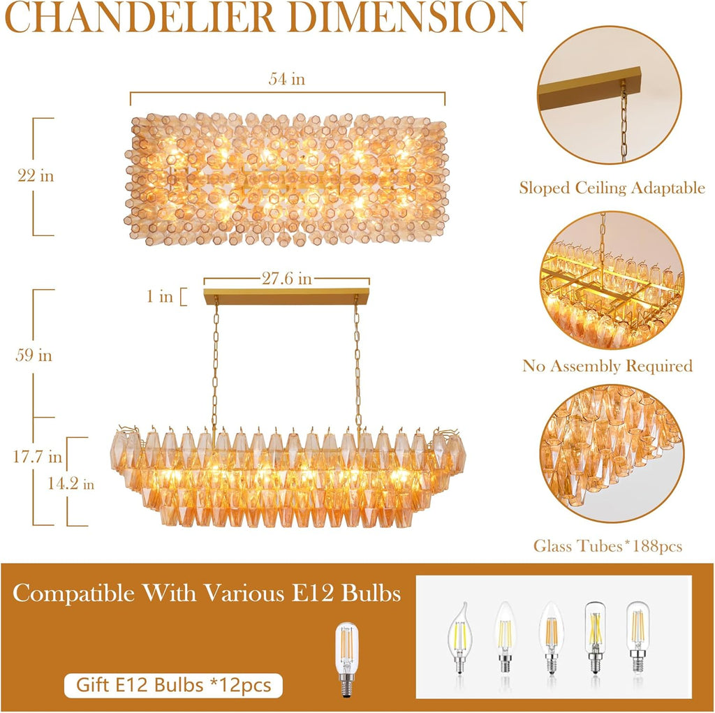 54" Gold Rectangular Chandeliers for Dining Room, 12-Light 4 Tiered Large Smoke Glass Brass Chandelier, Modern Kitchen Island Farmhouse Hanging Light Fixture for Living Room Foyer A118-B0DQLFLJHT