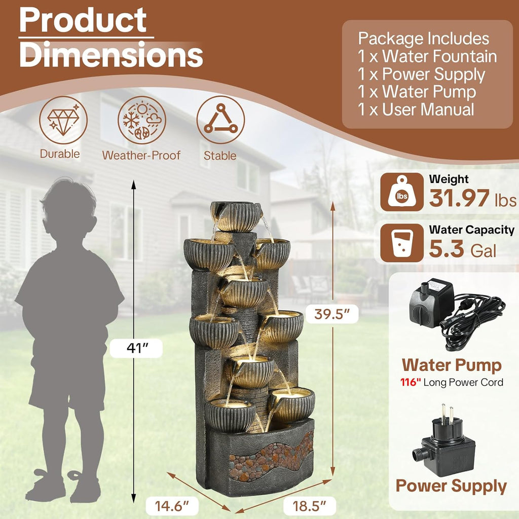 Modern 39.5" Tall Outdoor Water Fountain, Large 10-Tier Cascading Bowls Waterfall Fountain with LED Lights