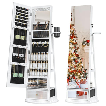 Mirror Jewelry Cabinet Standing, 360° Swivel Full Length Mirror with Drawer