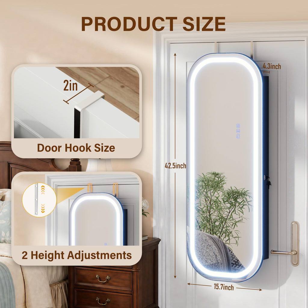 LED Mirror Jewelry Cabinet, Jewelry Organizer, Wall or Door Mounted, Black