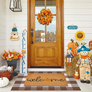 Fall Door Mat Combo Set, Welcome Coco Coir Welcome Doormat + 28" x 43" Mocha and White Plaid Rug, Autumn Thanksgiving