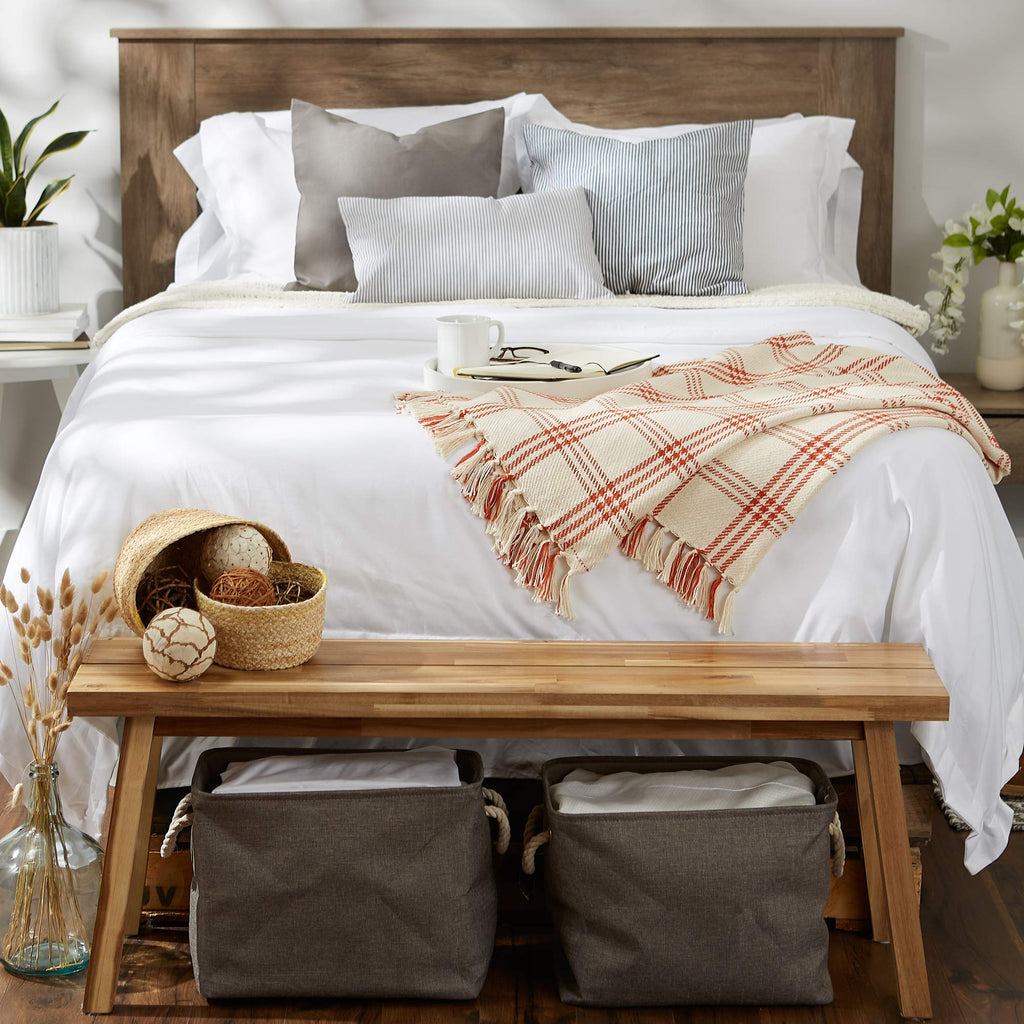 Modern Farmhouse Plaid Collection Cotton Fringe Throw Blanket, 50x60, White/Vintage Red