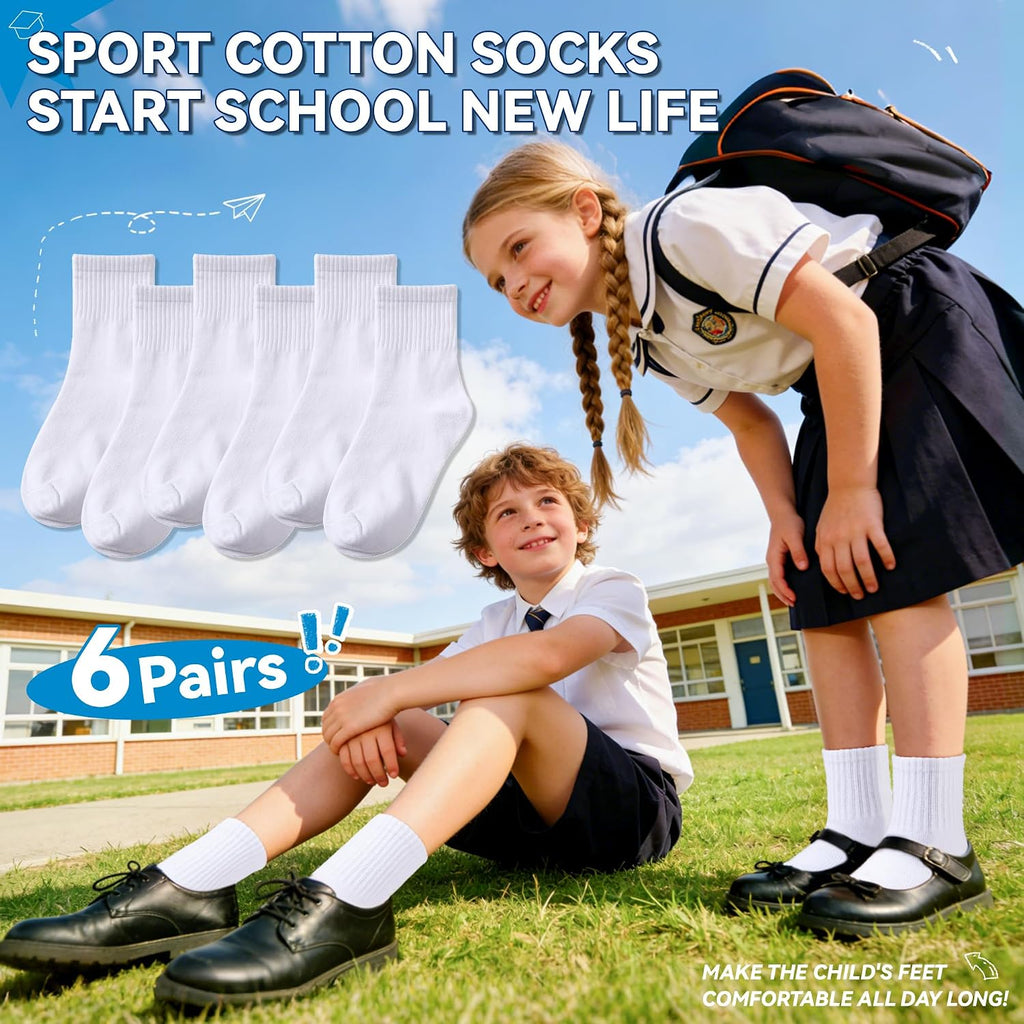 Kids Athletic Crew Socks Boys Girls Cotton School Uniform Casual Basic Socks 6 Pairs