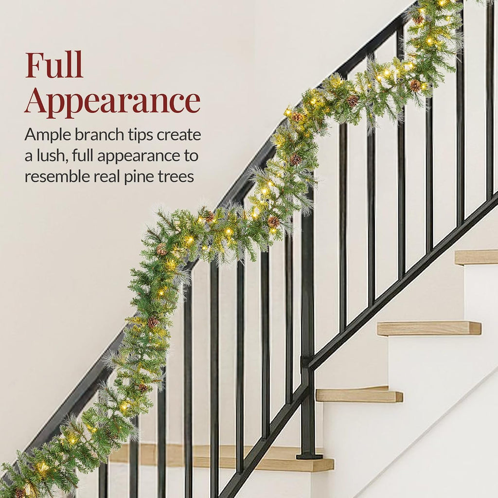 9ft Pre-Lit Christmas Garland Holiday Décor for Stairs, Mantel, w/Pine Cones, 2-in-1 White & Multi LED Lights
