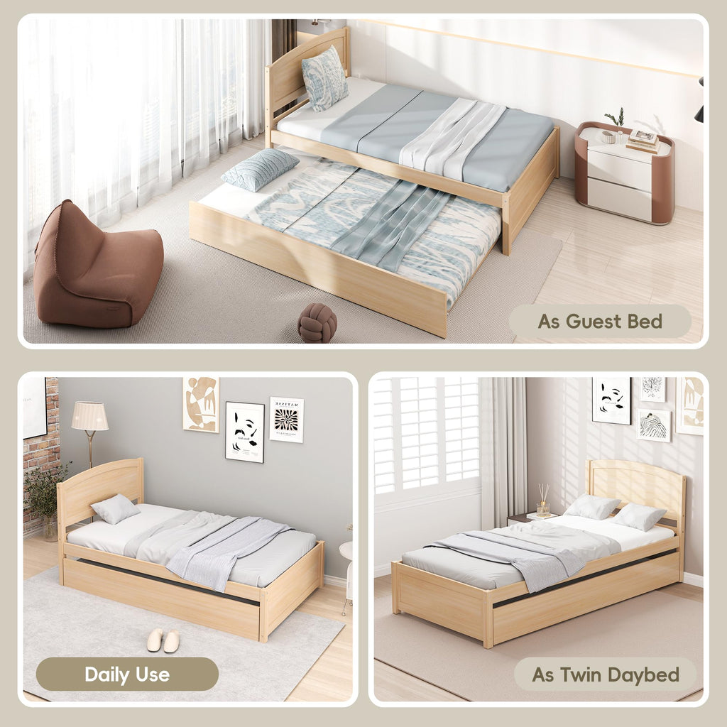 Twin Trundle Bed, Solid Wooden Pull Out Bed Frame, Extendable Day Bed with Headboard and Soild Wood Slats Support