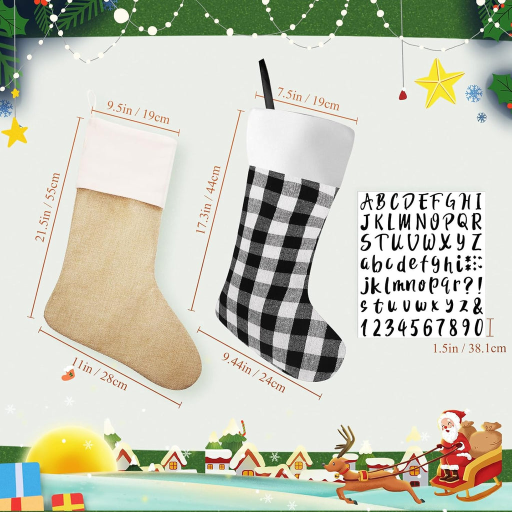 6pcs Christmas Stocking Buffalo Plaid Decor, Black White, Light Brown