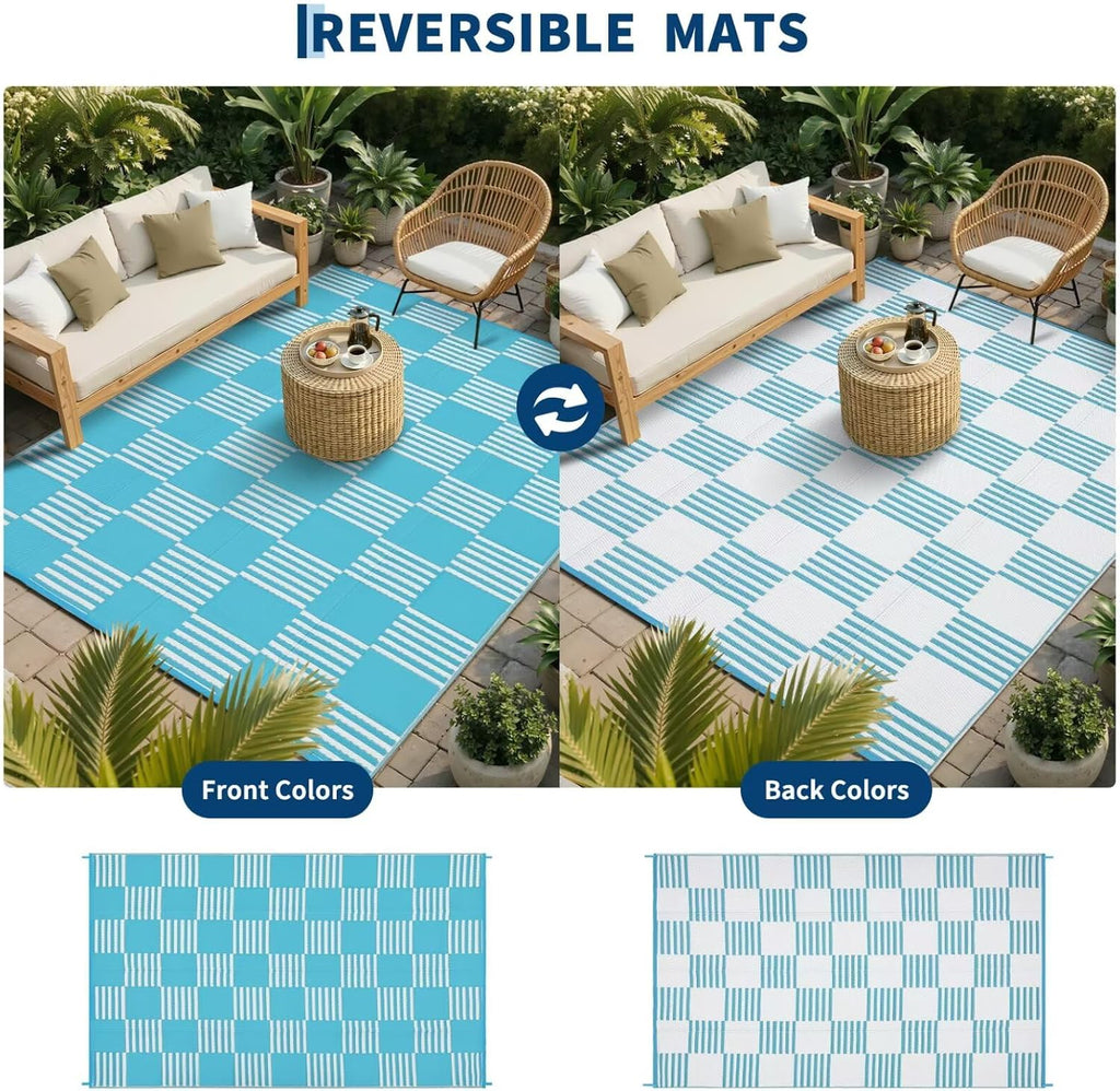 Waterproof Outdoor Rug 6x9, Checkered Foldable Plastic Straw Patio Camping Rug, Outdoor RV Carpet for Deck Camper