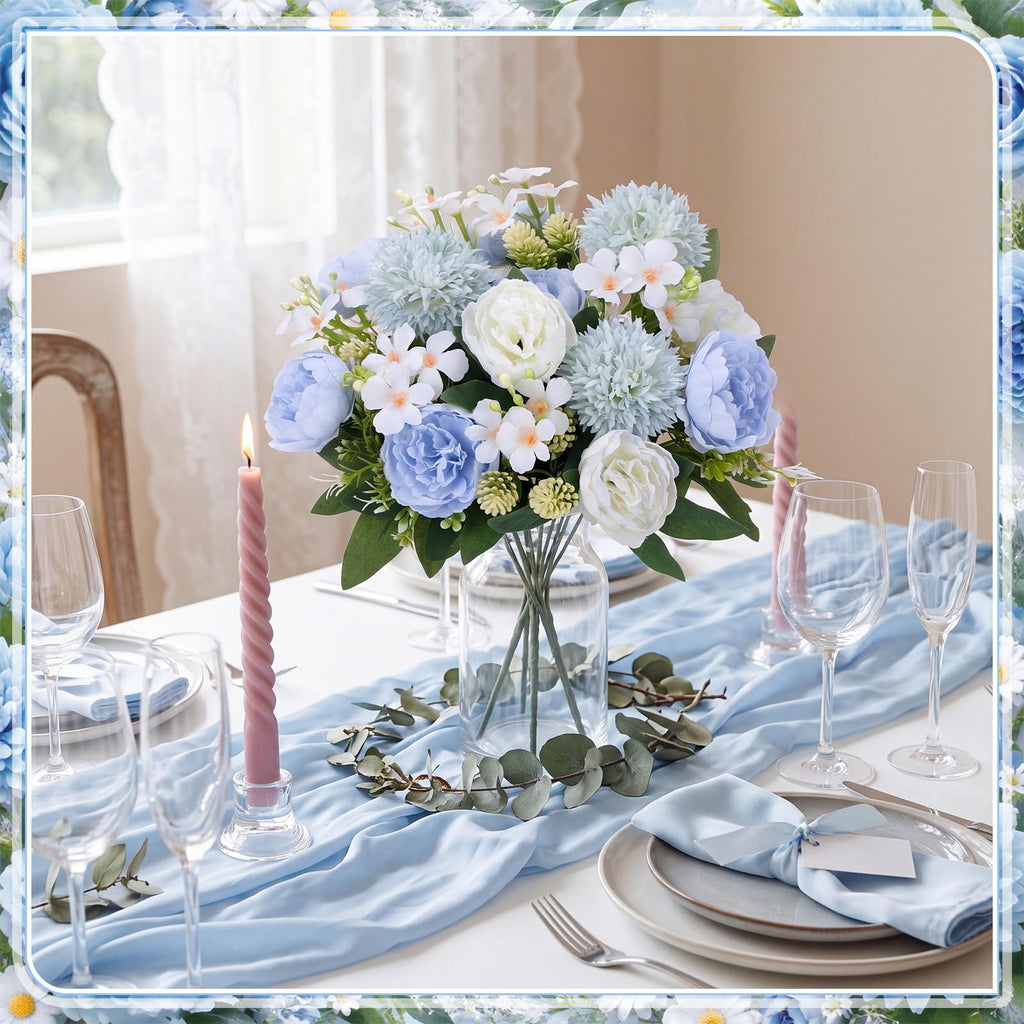 12 Pcs Blue White Artificial Peony Flower Decoration
