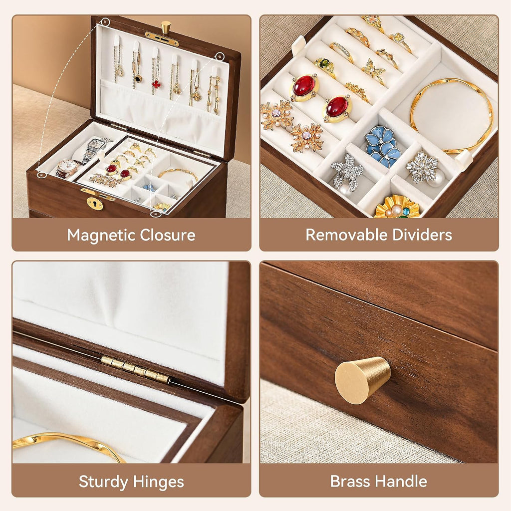 Black Walnut Jewelry Box for Women, 3 Layer Top Lock Wooden Organizer Case