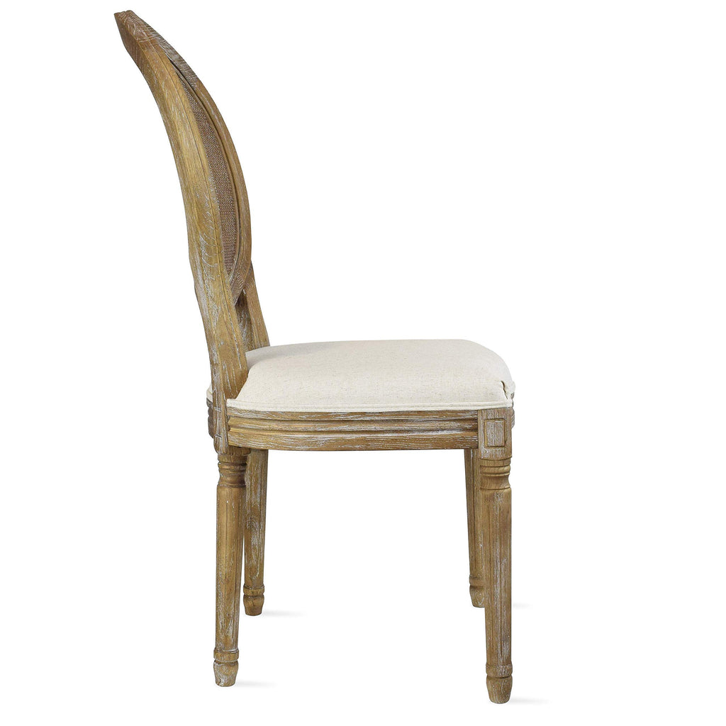 Set of 2 French Country Dining Chairs | Upholstered Linen Welted Padded Fabric with Natural Rustic Wooden Frame