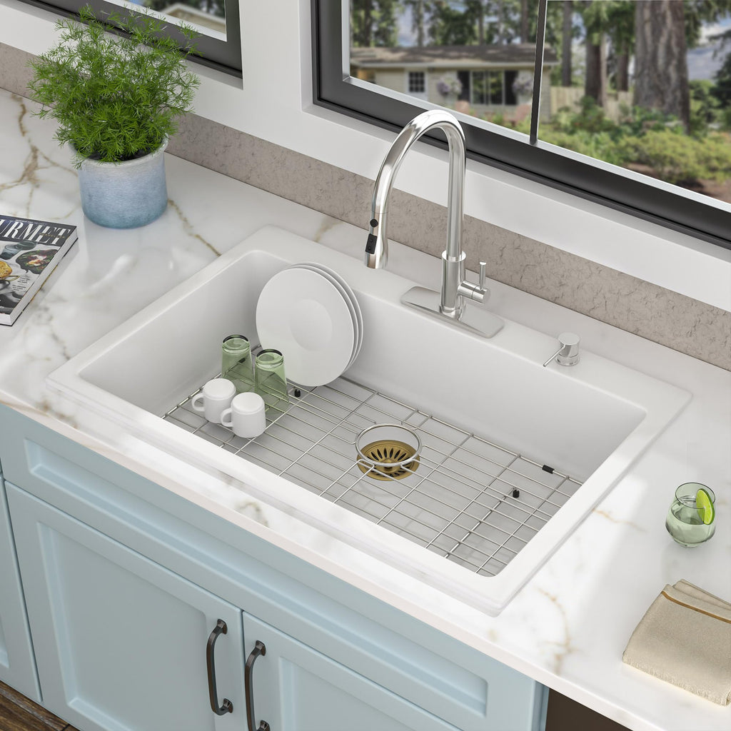 33"×22" Granite Composite - Drop-In Top Mount White Granite Quartz Classic Above Counter Single Bowl Sink Basin