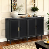 4 Door Sideboard Buffet Cabinet, Kitchen Storage Buffet with Black Painted Rattan Decorated Doors