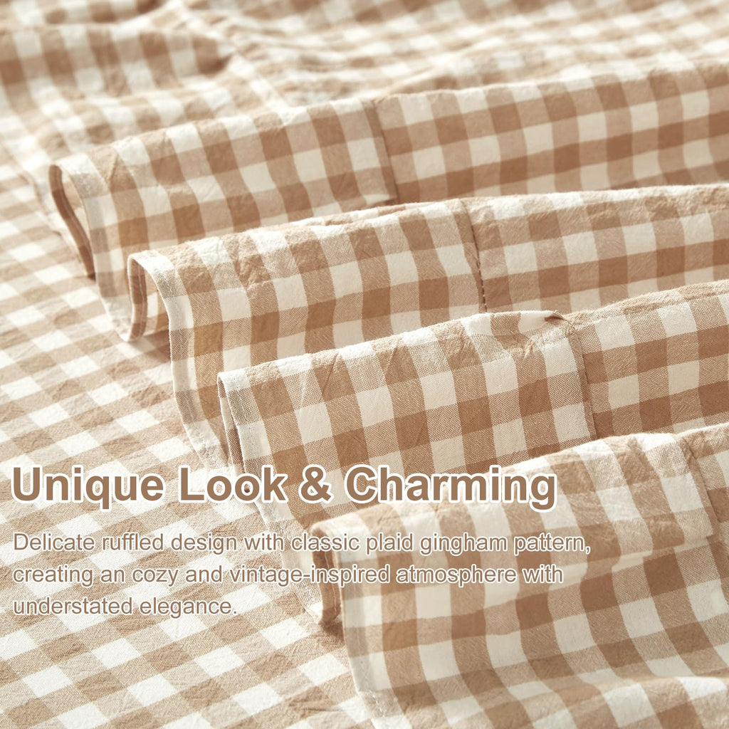 Tan Gingham Ruffle Sheets Set Boho Taupe Plaid Bed Sheets