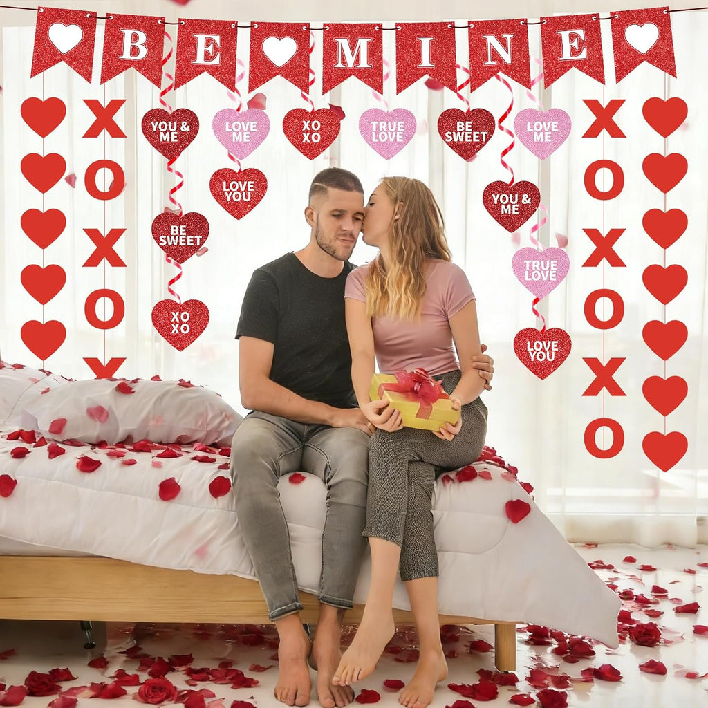 Valentine's Day Decorations Set BE MINE Banner Love Heart XO Garlands Rose Petals for Valentines Wedding Anniversary