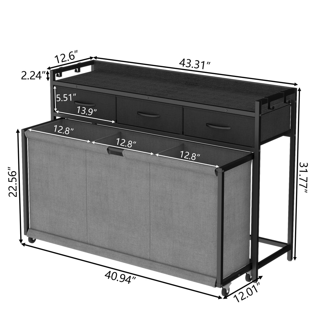 Hamper Laundry Basket with 3 Section 200L Pull-Out Rolling Bags