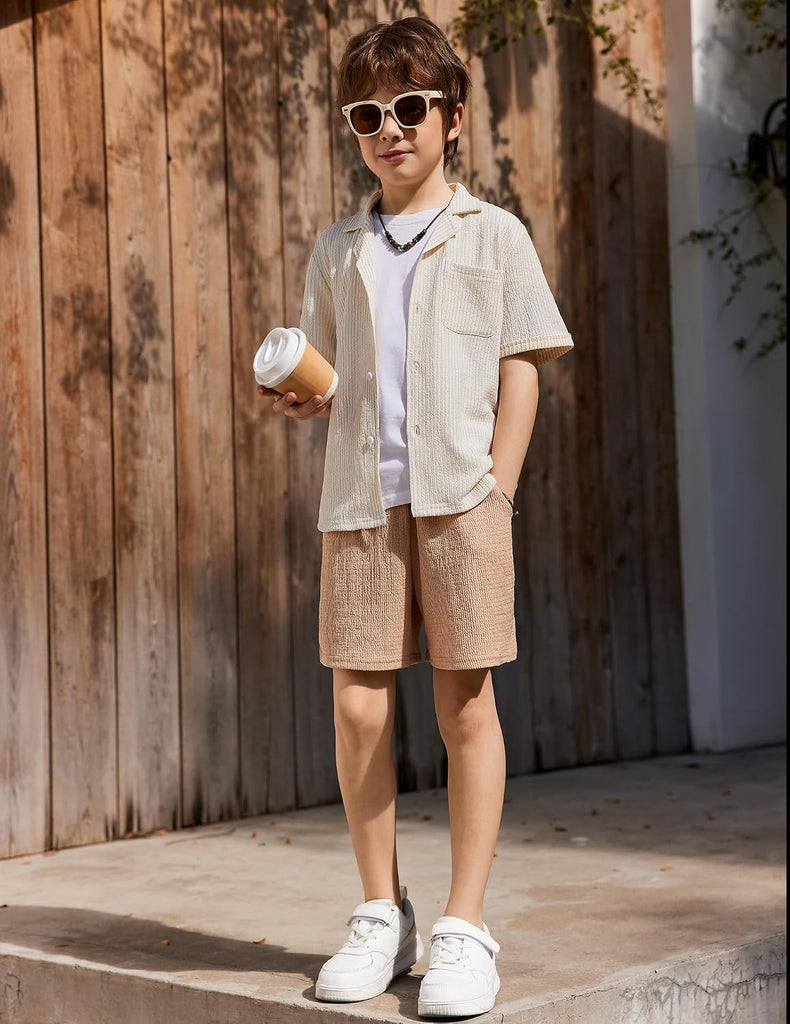 Boys Ribbed Textured Outfit Cuban Collar Shirt & Shorts
